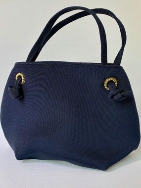 Vintage Navy Satin Top Handle Evening Bag Paris Elegant Formal Purse